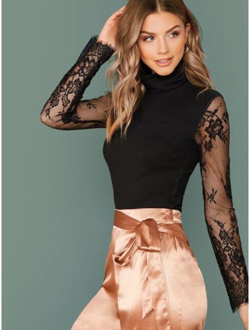 High Neck Sheer Lace Sleeve Top