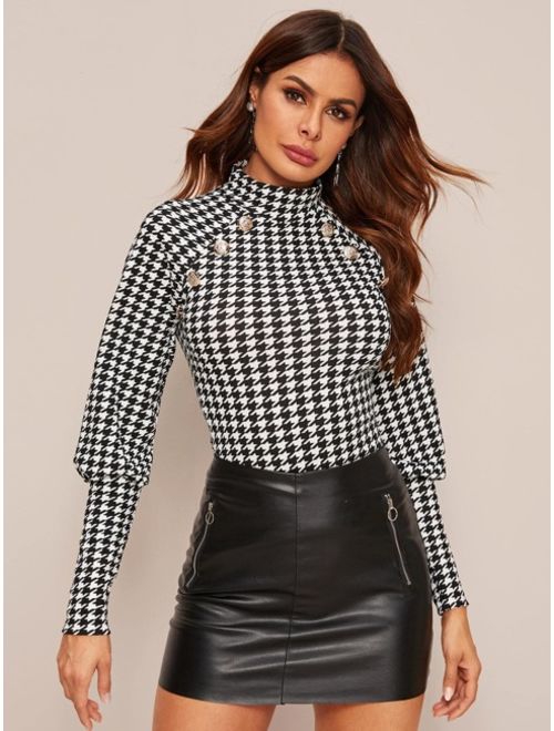 Button Detail Houndstooth Print Gigot Sleeve Top