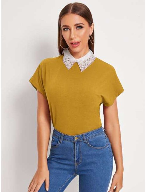 Contrast Embroidered Organza Collar Tee