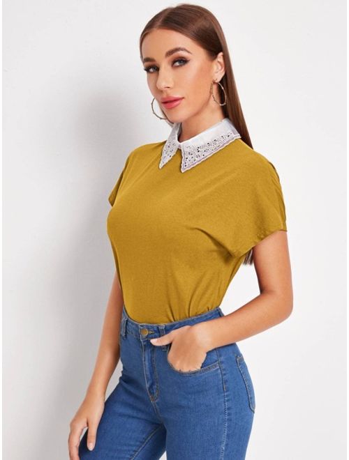 Contrast Embroidered Organza Collar Tee