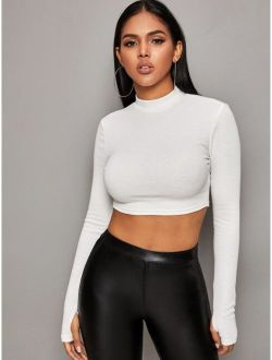 Mock-neck Thumb Hole Fitted Crop Tee