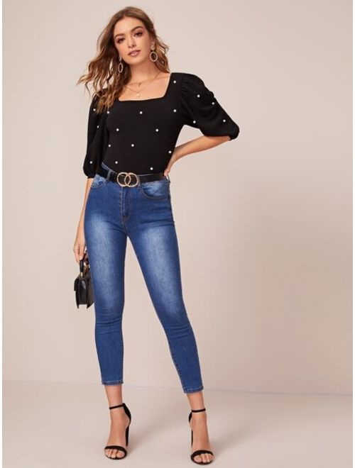 Pearl Beaded Puff Sleeve Fitted Tee
