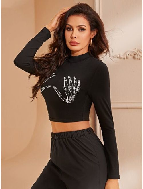Mock-neck Skull Hand Print Fitted Crop Tee