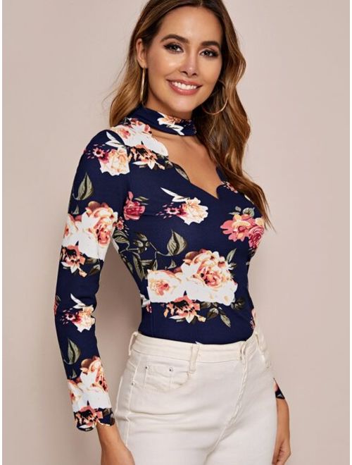 Shein Botanical Print Scallop Edge Keyhole Neck Fitted Top