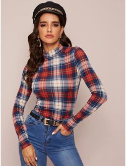 Mock-Neck Form Fitted Plaid Top
