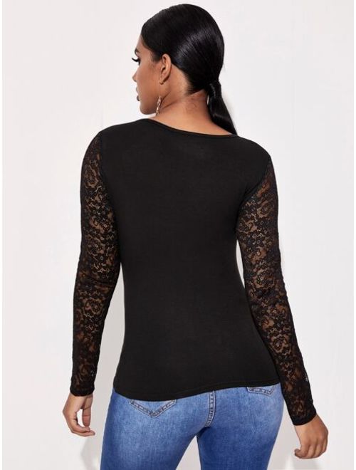 Lace Panel Form Fitted Solid Tee