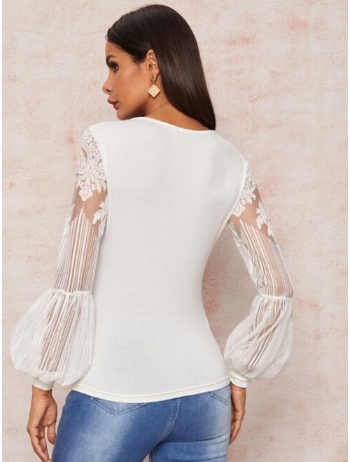 Shein Plunge Neck Lace Balloon Sleeve Fitted Top