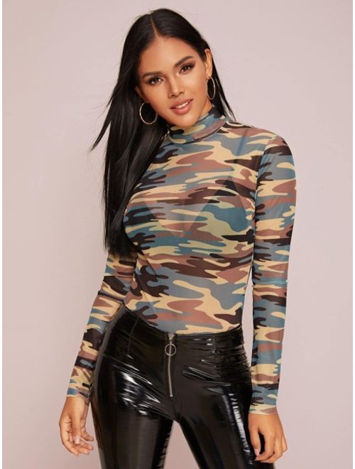 Mock-Neck Camo Mesh Top Without Bra