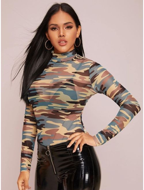 Mock-Neck Camo Mesh Top Without Bra