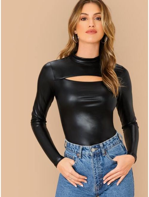 Peekaboo Front Form Fitted Leather Look Top