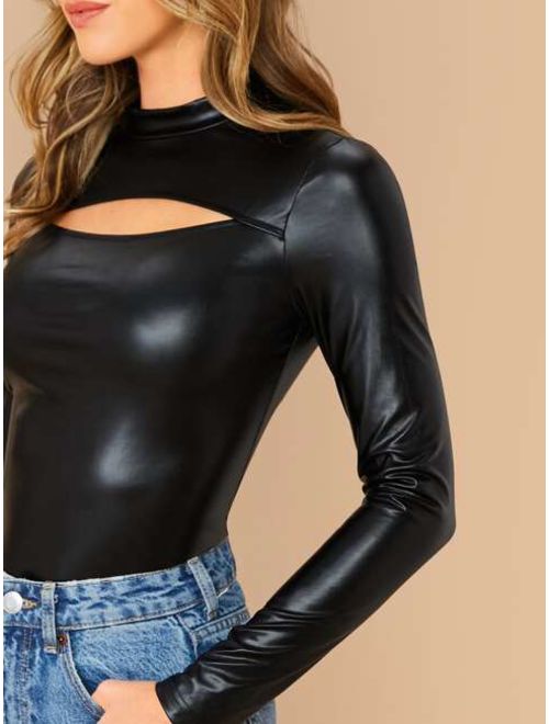 Peekaboo Front Form Fitted Leather Look Top