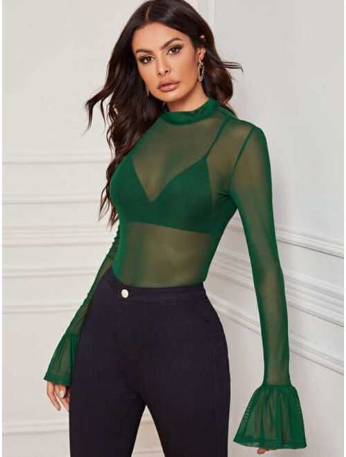 Mock-neck Bell Sleeve Mesh Top Without Bra