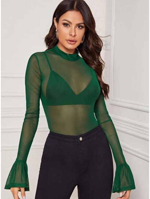 Mock-neck Bell Sleeve Mesh Top Without Bra