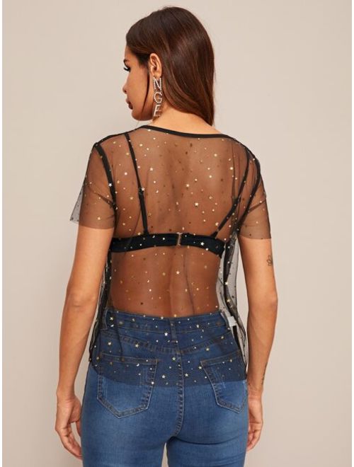 Sheer Mesh Star Sequins Top Without Bra