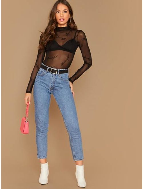 Flocked Letter Mesh Sheer Top Without Bra