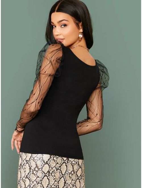 Sheer Mesh Gigot Sleeve Form Fitted Top