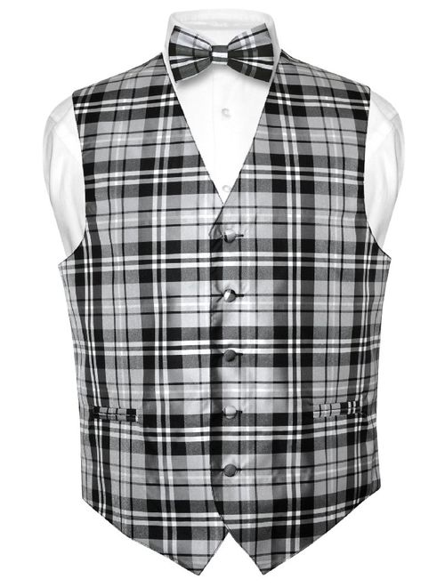 Vesuvio Napoli Men's Plaid Design Dress Vest & BOWTie Black Gray White BOW Tie Set