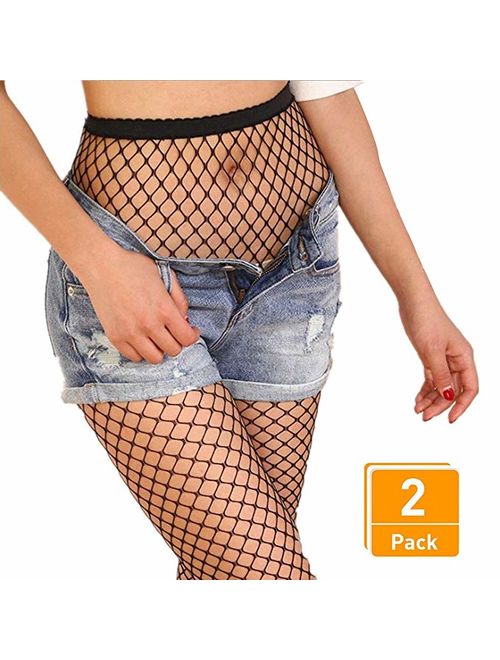 Fishnet Stockings Plus Size for Women, Pantyhose Women's 2 Pair High Waist Hollow Mesh Tights Legging Hosiery, Net Pantyhose Gift for Girls or Mother's Day (Black), S1007