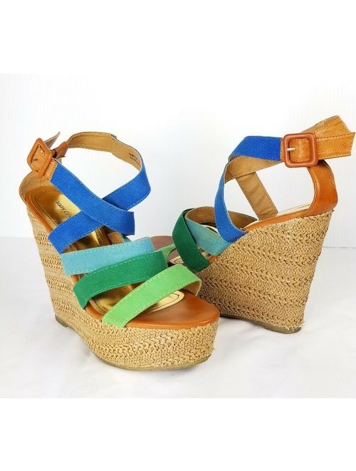 Body Central Wedge Sandals Heels 8 Dorothy Green Blue Brown Strappy