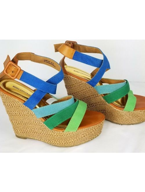 Body Central Wedge Sandals Heels 8 Dorothy Green Blue Brown Strappy