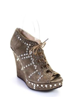 Jimmy Choo Womens Suede Lace Up Studded Wedges Gray Beige Size 37