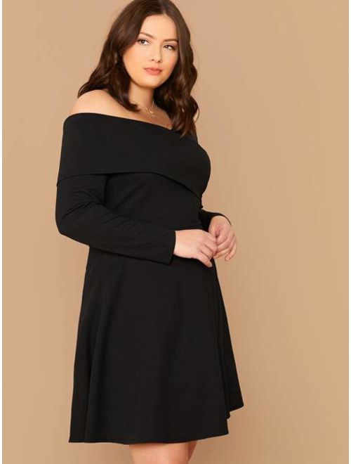 Plus Foldover Asymmetrical Neck Flare Dress