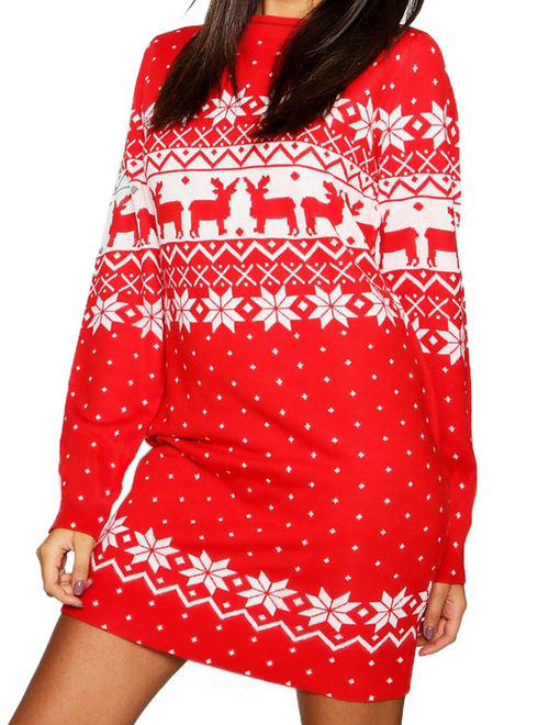 Canis Long Sleeve Crew Neck Xmas Dress For Women Snowflake Reindeer Costume Skater Swing Dress Ladies Casual Loose Christmas Mini Shirt Dress Tops