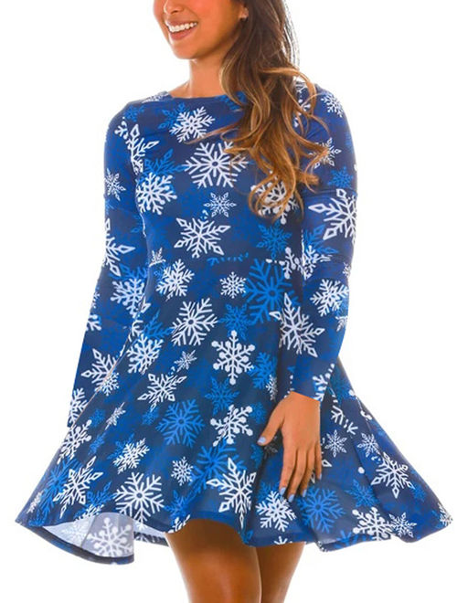 Canis Fashion Women Long Sleeve Xmas Santa Girl Gifts Ladies Christmas Costume Skater Swing Dress