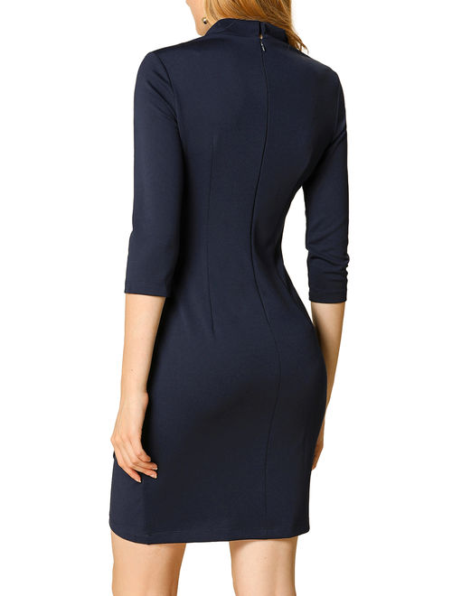 Allegra K Women's Work 3/4 Sleeve Stretchy Ruched Bodycon Short Dress (Size M / 10) Navy blue