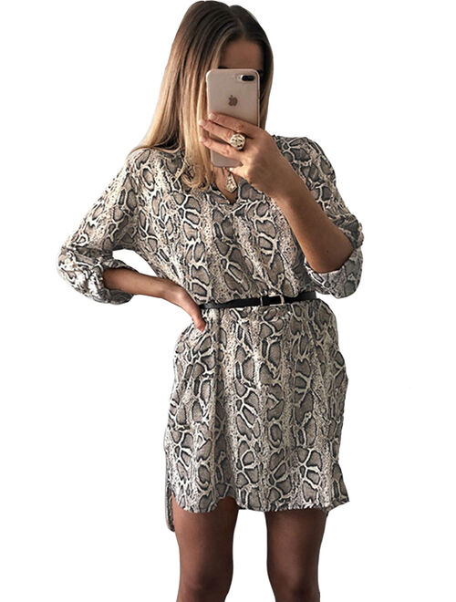 Long Roll-Up Sleeve Dress for Women Casual V Neck T Shirt Tunic Dress Leopard Stripes Print Loose Party Clubwear Blouse Tops