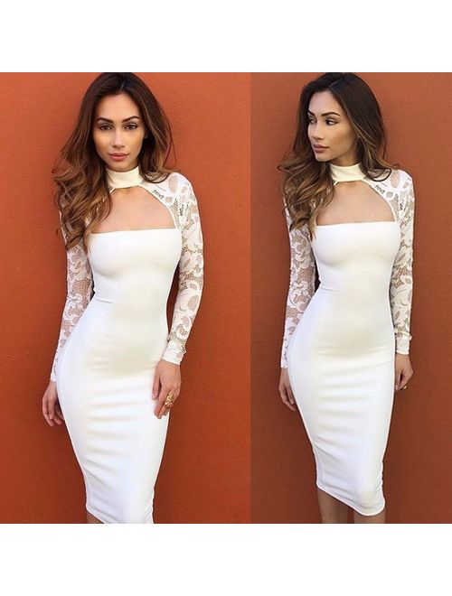 Canis Women Bandage Bodycon Slim Long Sleeve Evening Party Cocktail Pencil Midi Dress