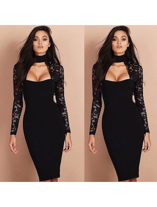 Canis Women Bandage Bodycon Slim Long Sleeve Evening Party Cocktail Pencil Midi Dress