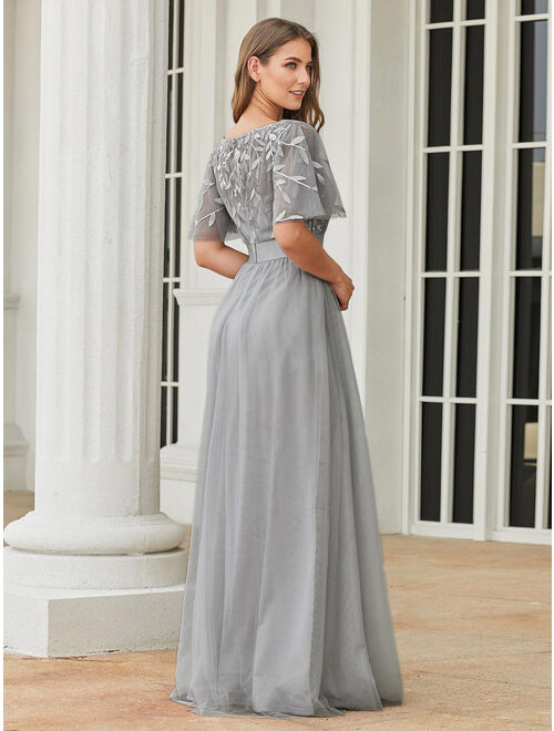Ever-Pretty Formal Party Dress Long A-Line Mesh Grey Ball Bridesmaid Gown 00904