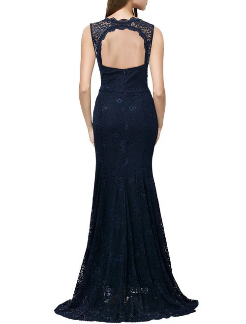Women's Formal Evening Maxi Dresses,Vintage Floral Lace Sleeveless Wedding Party Long Dresses (Navy Blue,3XL)
