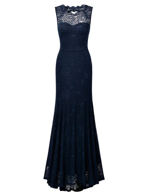 Women's Formal Evening Maxi Dresses,Vintage Floral Lace Sleeveless Wedding Party Long Dresses (Navy Blue,3XL)