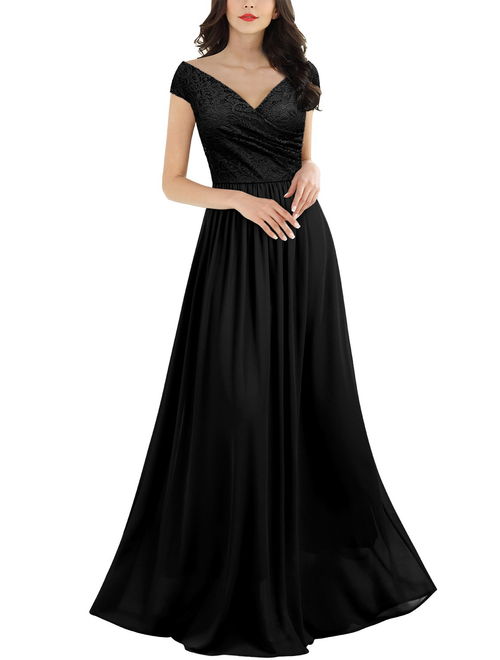 Women's Off Shoulder Lace Dresses,Formal Evening Cocktail Party Long Maxi Sleeveless Dresses (Black,L)