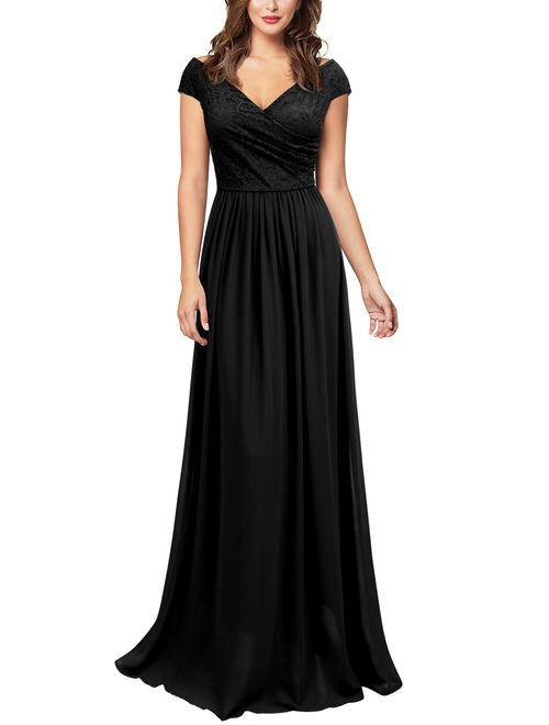 Women's Off Shoulder Lace Dresses,Formal Evening Cocktail Party Long Maxi Sleeveless Dresses (Black,L)