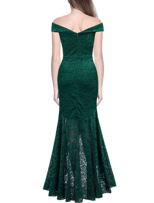 MIUSOL Women's Formal Evening Cocktail Party Long Dress,Floral Lace Cold Shoulder Wedding Bridesmaid Maxi Dress(3 Colors:Green,Magenta,and Navy Blue;S=4/6,M=8/10,L=12/14,