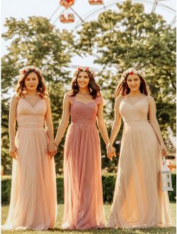 Women's Elegant V-Neck Tulle Formal Evening Bridesmaid Dresses for Women 07303 Blush US4