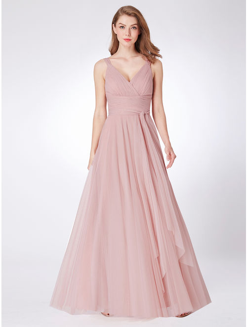 Ever-Pretty Women's Elegant V-Neck Tulle Formal Evening Bridesmaid Dresses for Women 07303 Blush US4