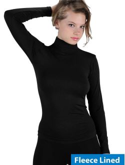 Women Fleece Lined Mock neck Turtleneck Long Sleeve Top Slim Fit Stretch Tight Shirt