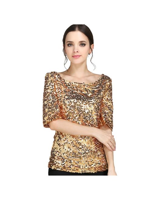 Womens Sequin Sparkle Glitter Tank 3/4 Sleeve Coctail Party Top T-Shirt
