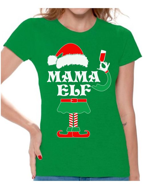 Awkward Styles Mama Elf Shirt Elf Christmas Shirts for Women Elf Christmas T-shirt Christmas Elf Shirt Women's Holiday Top Funny Elf Tacky Christmas Party Christmas Holid
