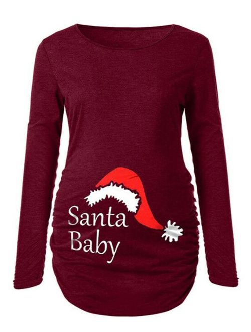 Jchiup Maternity Christmas Santa Baby Print T-Shirt Tunic Top Flattering Side Ruching Blouse