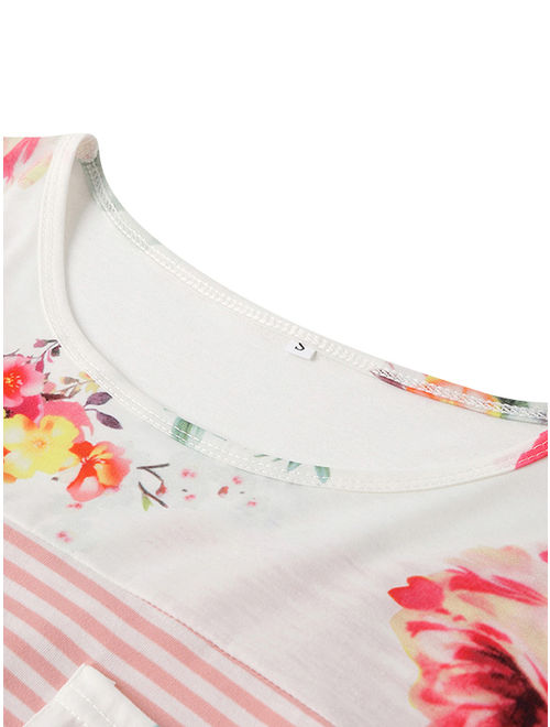 Jchiup Maternity Summer Casual Floral Stripe Patchwork Short Sleeve Breastfeeding Top