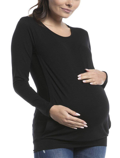 Jchiup Women's Round Neck Solid Color Maternity Layered Nursing Tops for Breastfeeding