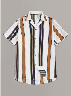 Men Notch Collar Colorblock Striped Shirt