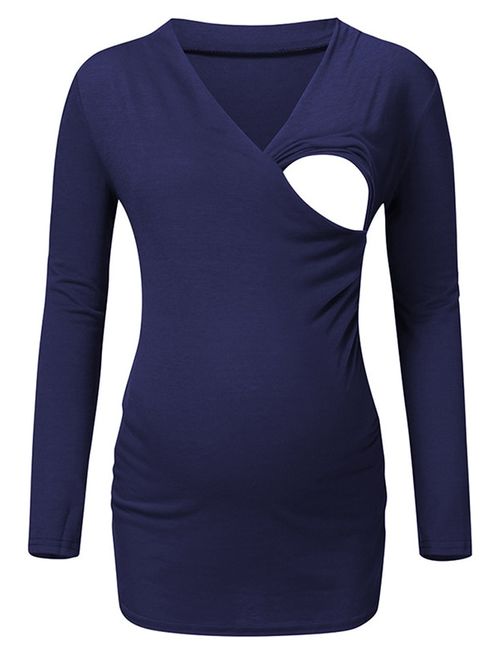 Jchiup Womens Maternity Long Sleeve Cross V Neck Side Ruched Breastfeeding Shirt Nursing Blouse