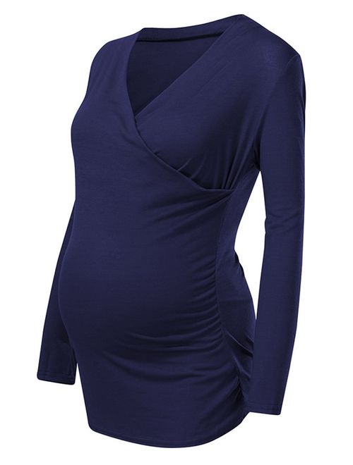 Jchiup Womens Maternity Long Sleeve Cross V Neck Side Ruched Breastfeeding Shirt Nursing Blouse