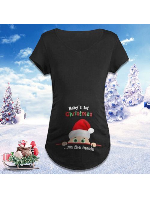 KABOER Women's Letters Christmas Print Loose Long Women's Tops Unique Santa Print Cute Funny Pregnant Women Christmas Gifts Casual T-Shirt Tops Cotton Maternity Wear